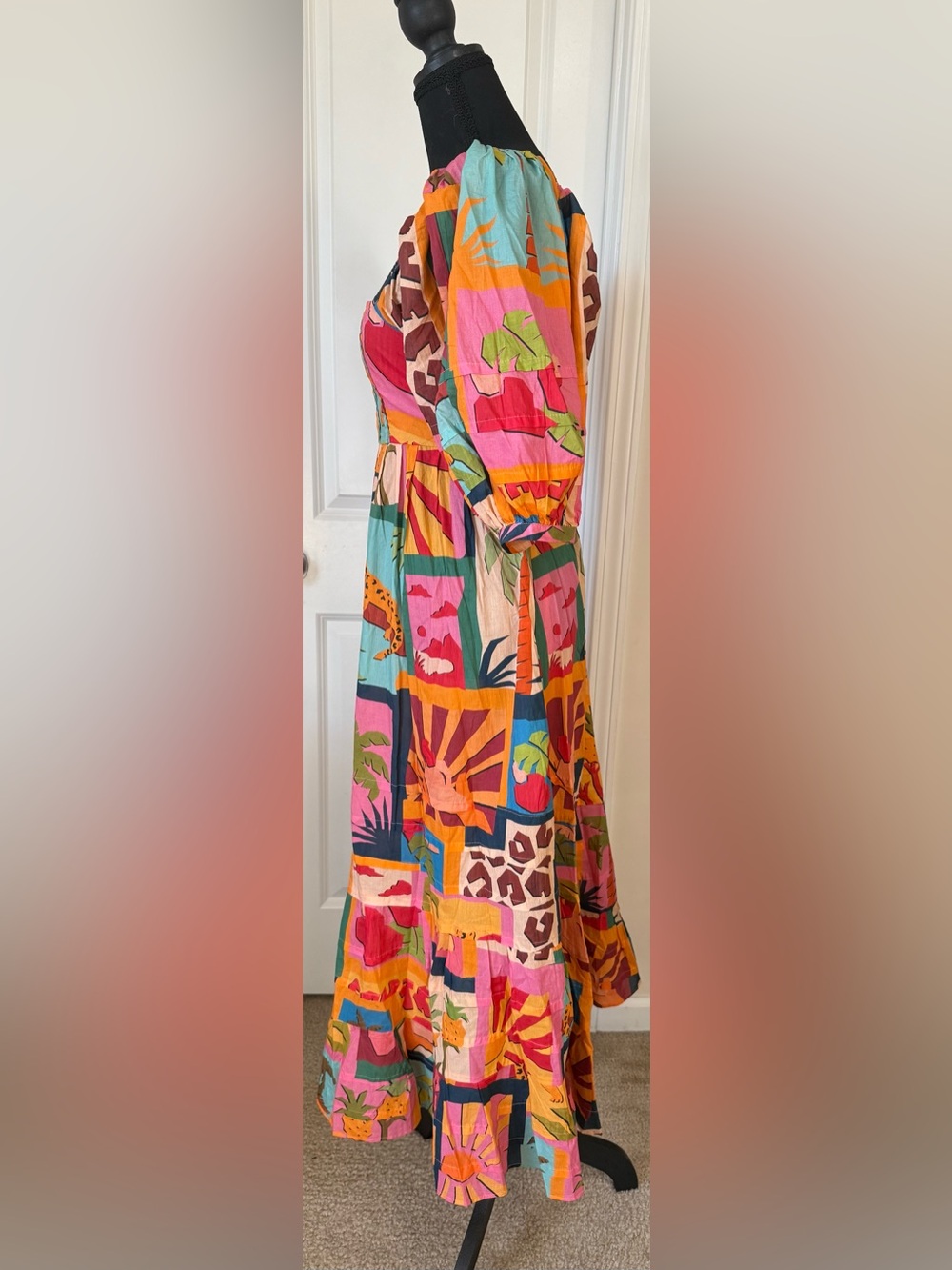 FARM RIO- Vibrant Multi-Color Print Puff Sleeve Maxi Dress (M) - Picture 7 of 16